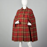 1970s Red Plaid Cape with Button Front