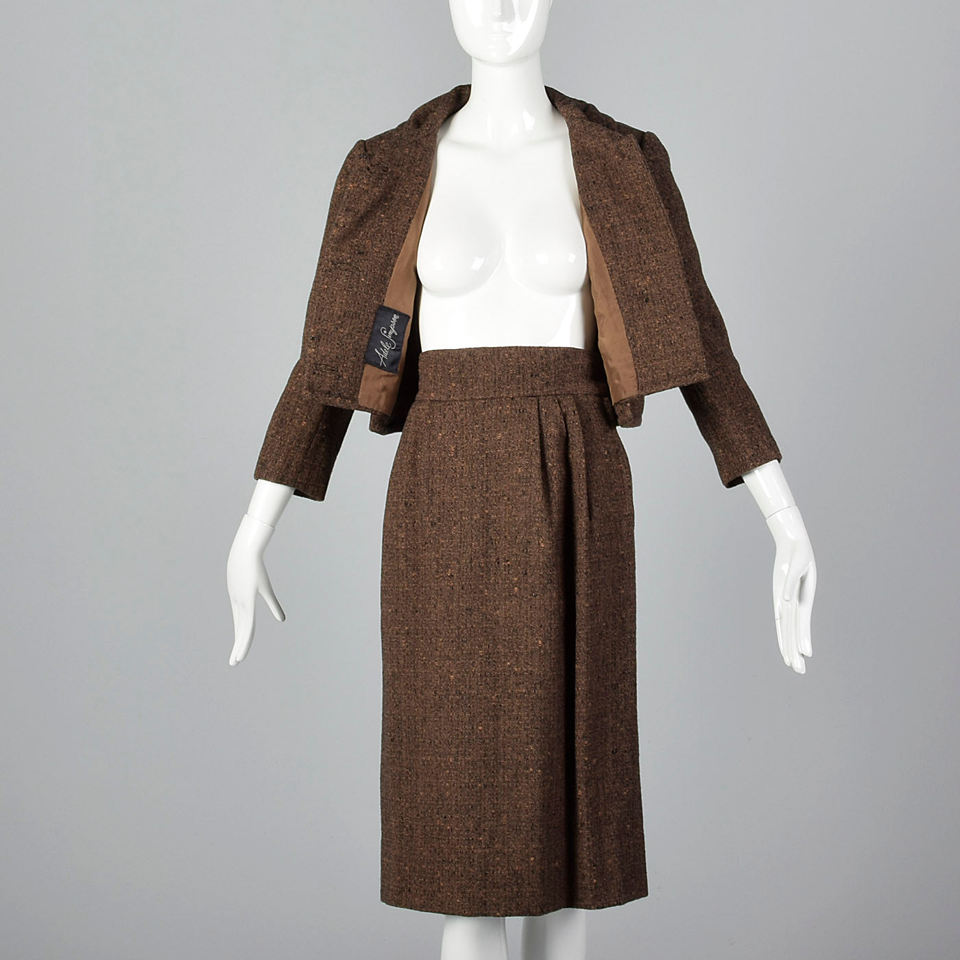 1950s Adele Simpson 28 Shop Wool Tweed Skirt Suit in Brown and Black