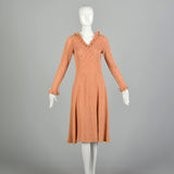 Medium 1970s Long Sleeve Peach  Knit Dress Scalloped Hem Ruffled Collar Cuffs