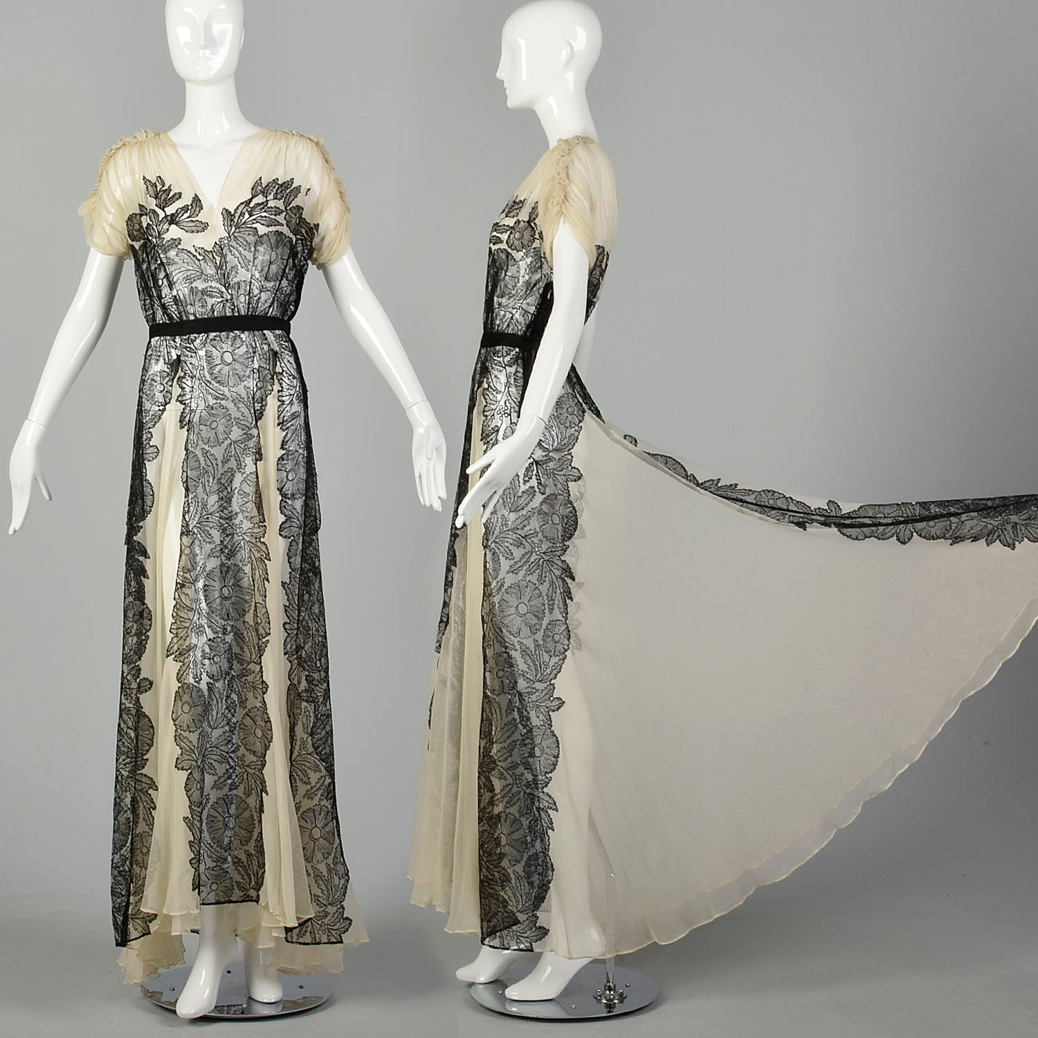 XS 1930s Old Hollywood Silk Gown Lace Black Ivory Panels Summer Sheer Flowy Sweeping Gown