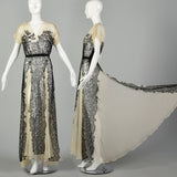 XS 1930s Old Hollywood Silk Gown Lace Black Ivory Panels Summer Sheer Flowy Sweeping Gown