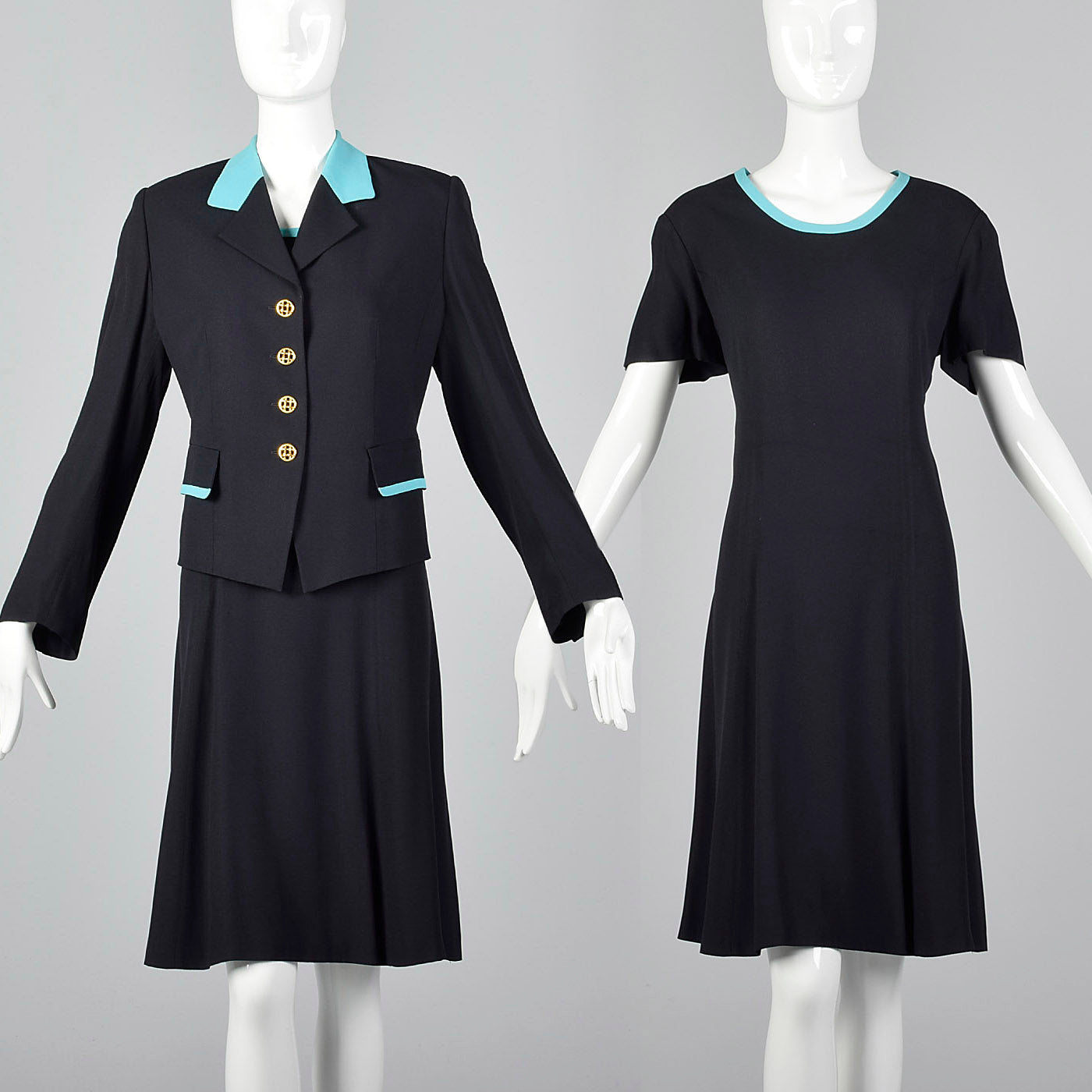 1980s Louis Feraud Navy Dress Set with Aqua Trim