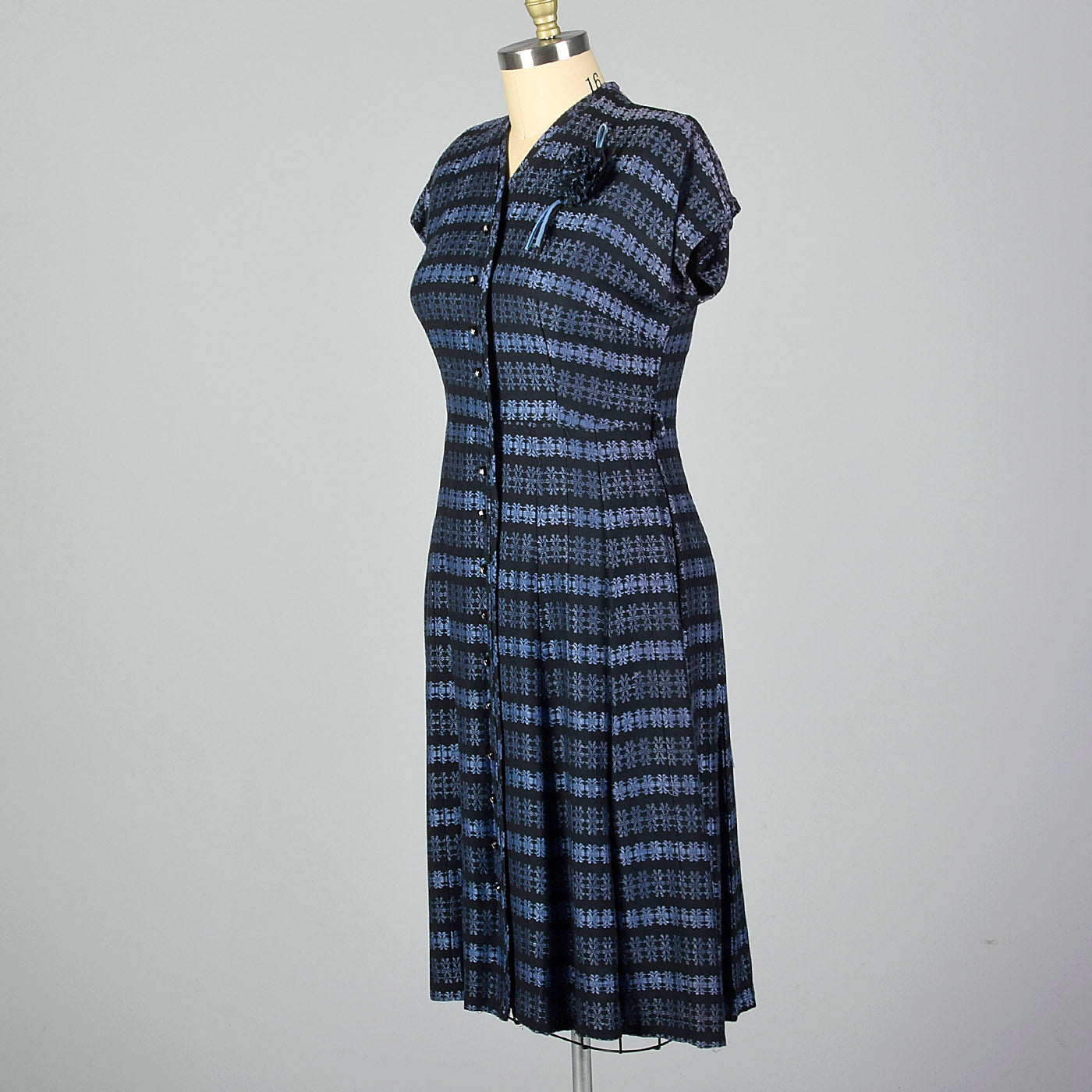 1950s Blue Stripe Dress with Floral Corsage