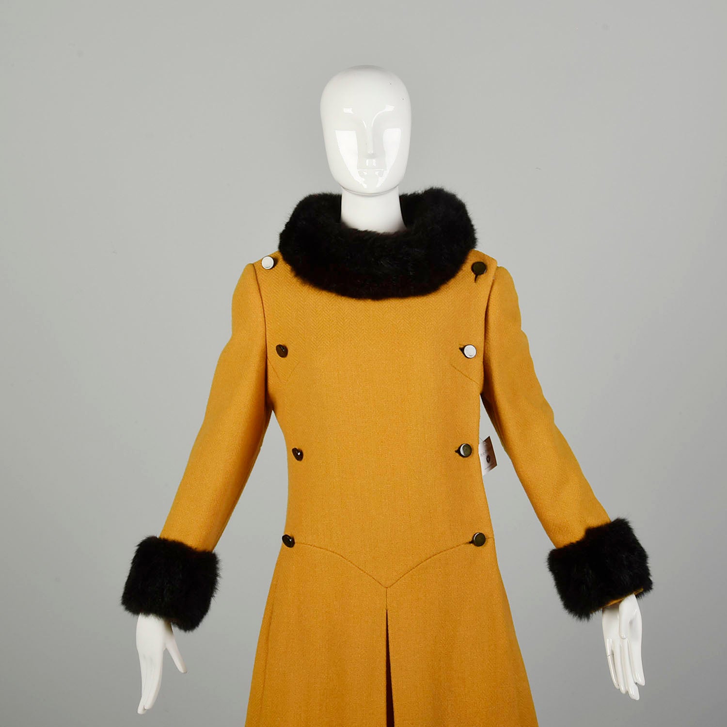 Small 1960s Coat Mustard Mod Military Double Breasted Real Fur Winter