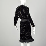 Large 1980s Escada Dress Black Velvet Glitter Ruffle Asymmetrical Hem Cocktail Party Evening Gown