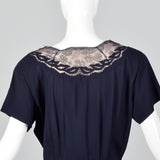 1950s Blue Rayon Dress with Lace Illusion Neckline