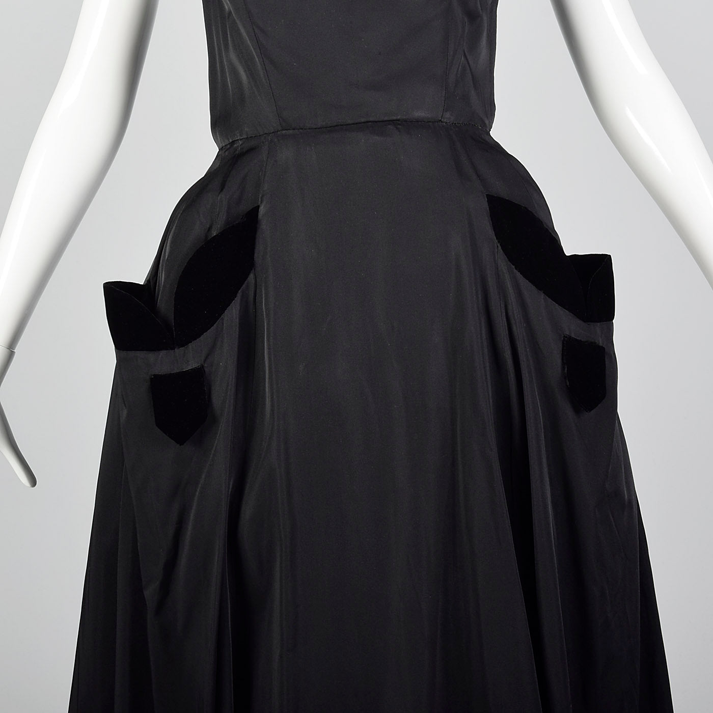 1950s Black Full Length Gown with Velvet Trim