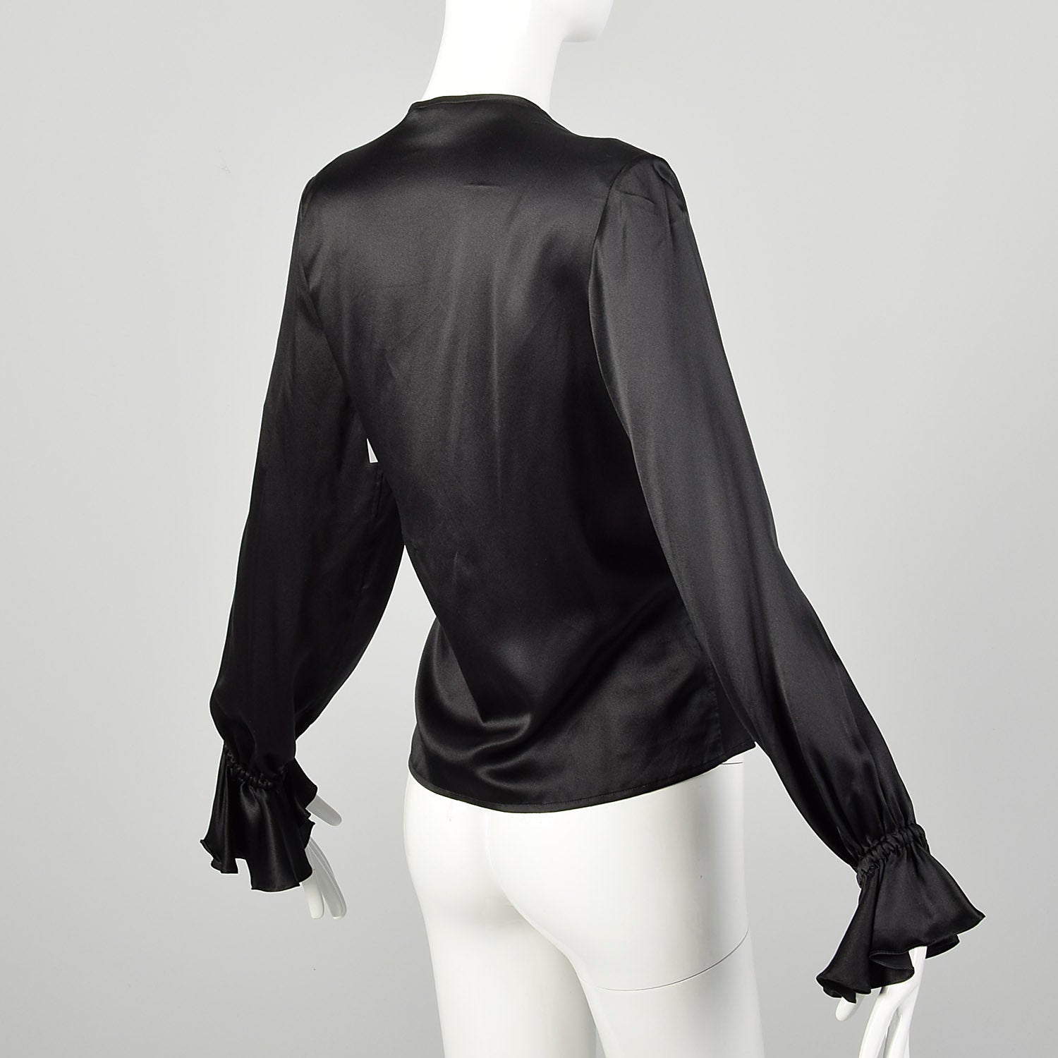 Medium 1990s Black Silk YSL Ruffle Blouse Classic Charmeuse Rive Gauche Top