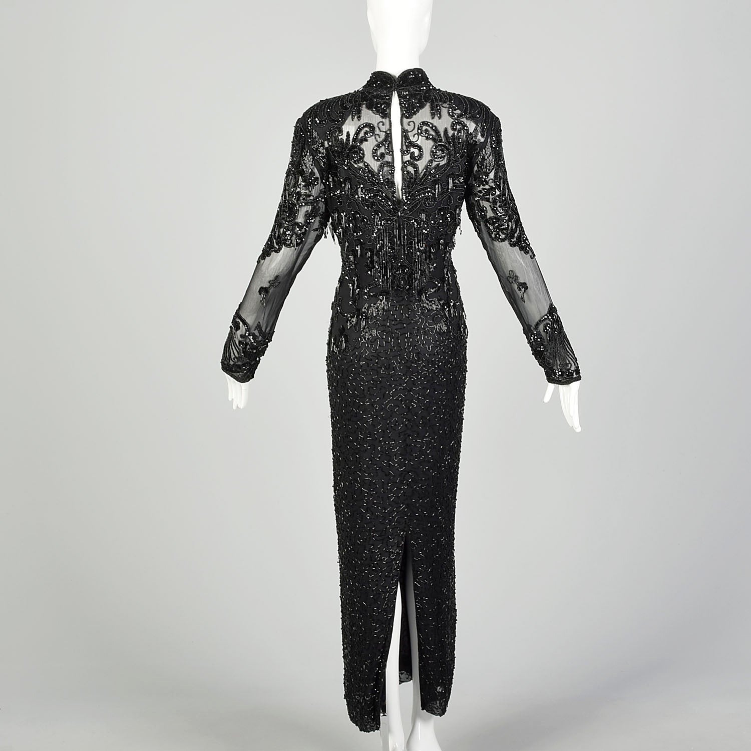Medium D'ore Dress 1980s Silk Sexy Black Beaded Sheer Long Sleeve