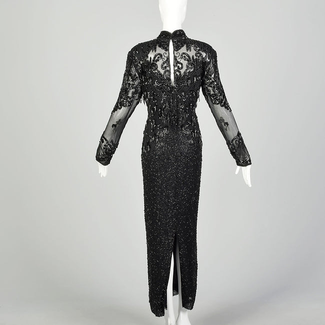 Medium D'ore Dress 1980s Silk Sexy Black Beaded Sheer Long Sleeve
