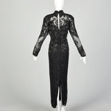 Medium D'ore Dress 1980s Silk Sexy Black Beaded Sheer Long Sleeve