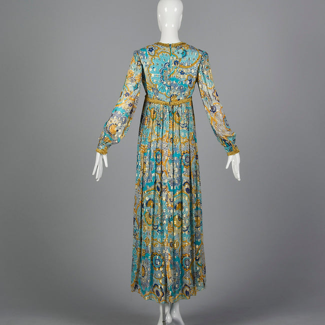 1970s Mollie Parnis Bohemian Maxi Dress with Long Sleeves