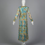 1970s Mollie Parnis Bohemian Maxi Dress with Long Sleeves