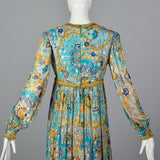 1970s Mollie Parnis Bohemian Maxi Dress with Long Sleeves