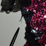 1980s Pink Prom Dress Saloon Girl Strapless Lame Gown Black Lace Sequins