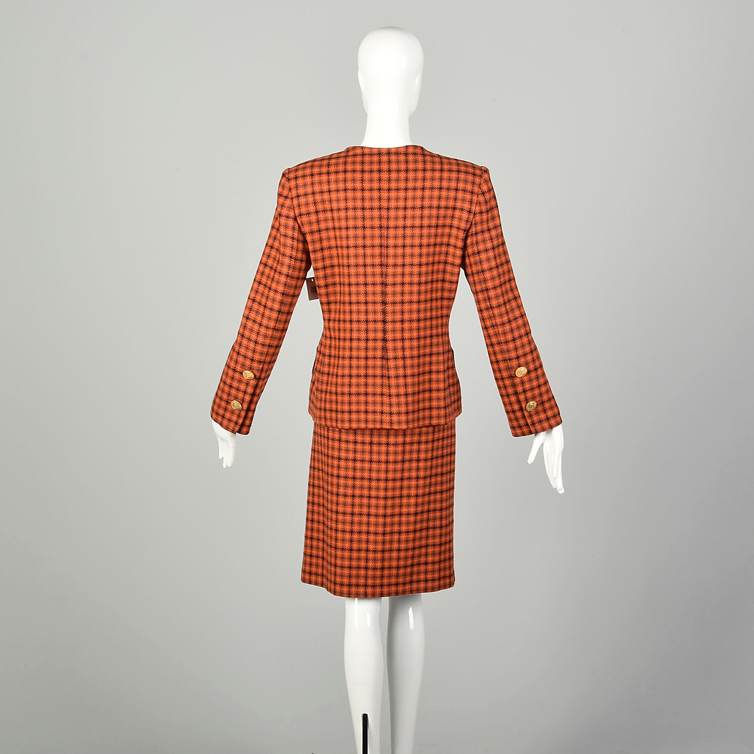 Large 1990s Givenchy Houndstooth Plaid Ensemble Orange Autumn Tweed Wool 2 Piece Skirt Suit