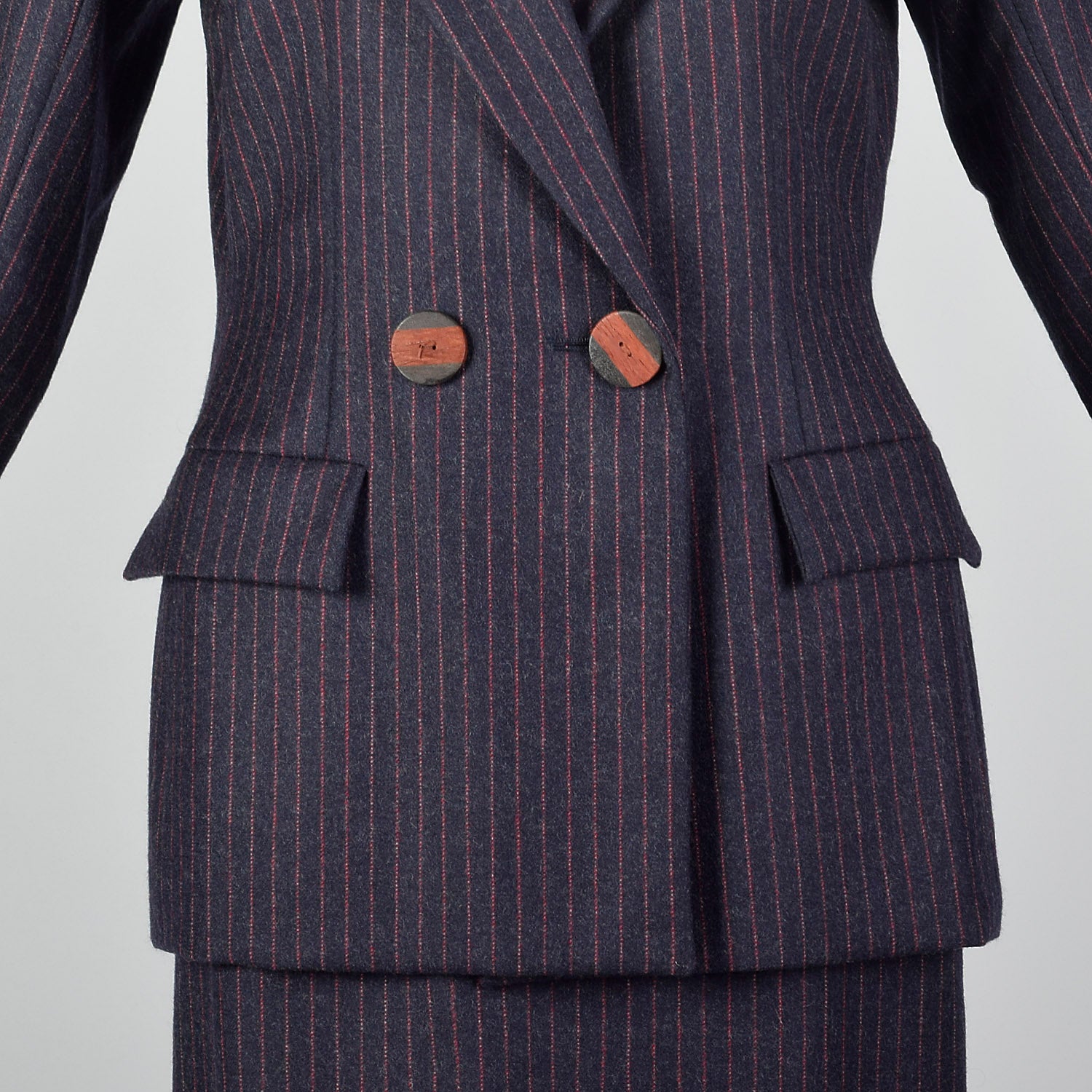 1990s Yves Saint Laurent Navy Blue Wool Striped Skirt Suit