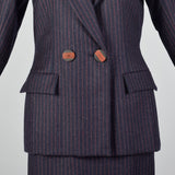 1990s Yves Saint Laurent Navy Blue Wool Striped Skirt Suit