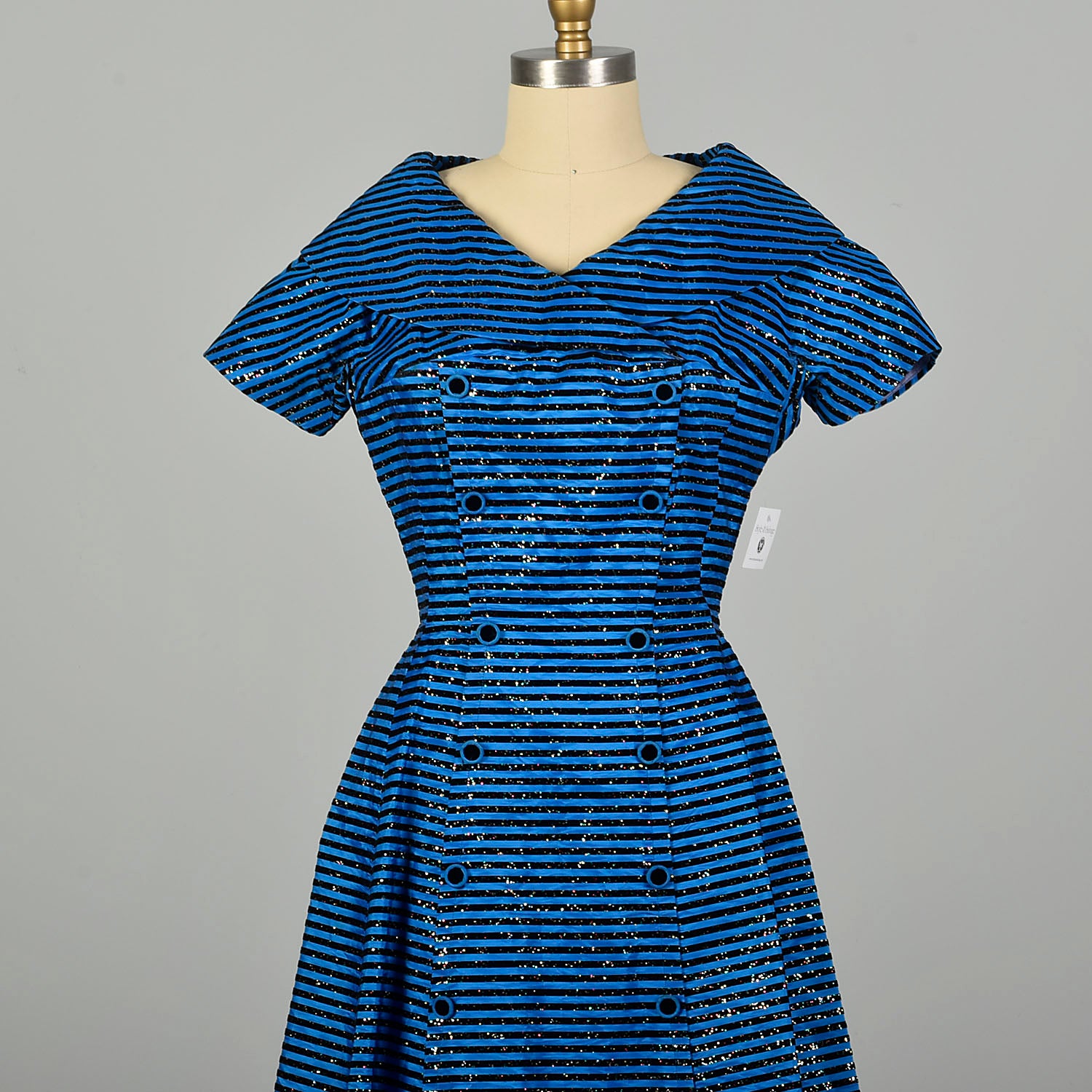 Medium 1950s Dress Blue Short Sleeve Striped Glitter Flocked Shawl Collar