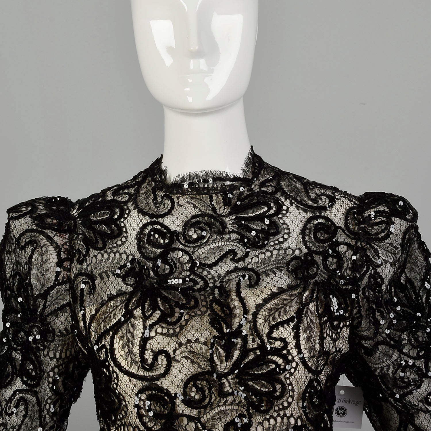Medium 1980s Alfred Bosand Gown Taffeta Lace Sequin Evening Formal Dress