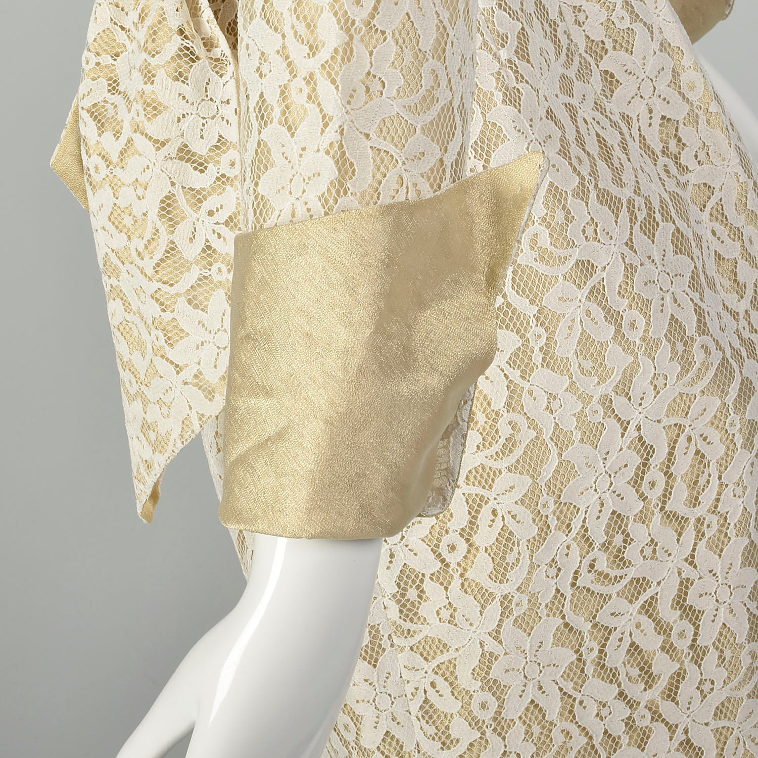 Small 1990s Pilar Rossi Lace Dress Metallic Gold Lamé Portrait Collar