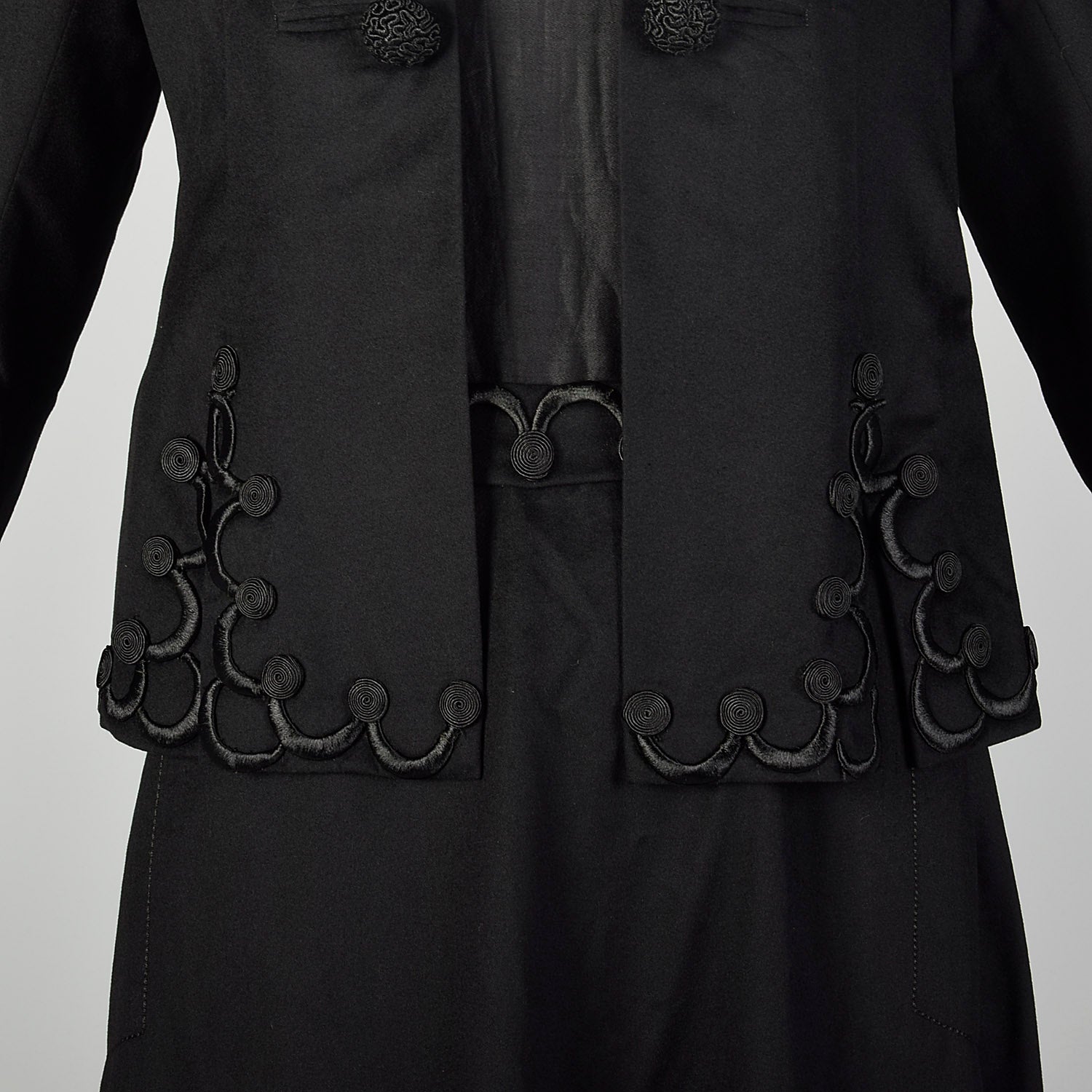 1910s Edwardian Walking Suit Black Wool Cotton Three Piece Ensemble Jacket Blouse Skirt