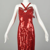 Medium 1990s Red Evening Dress Beaded Sleeveless Sequin Maxi