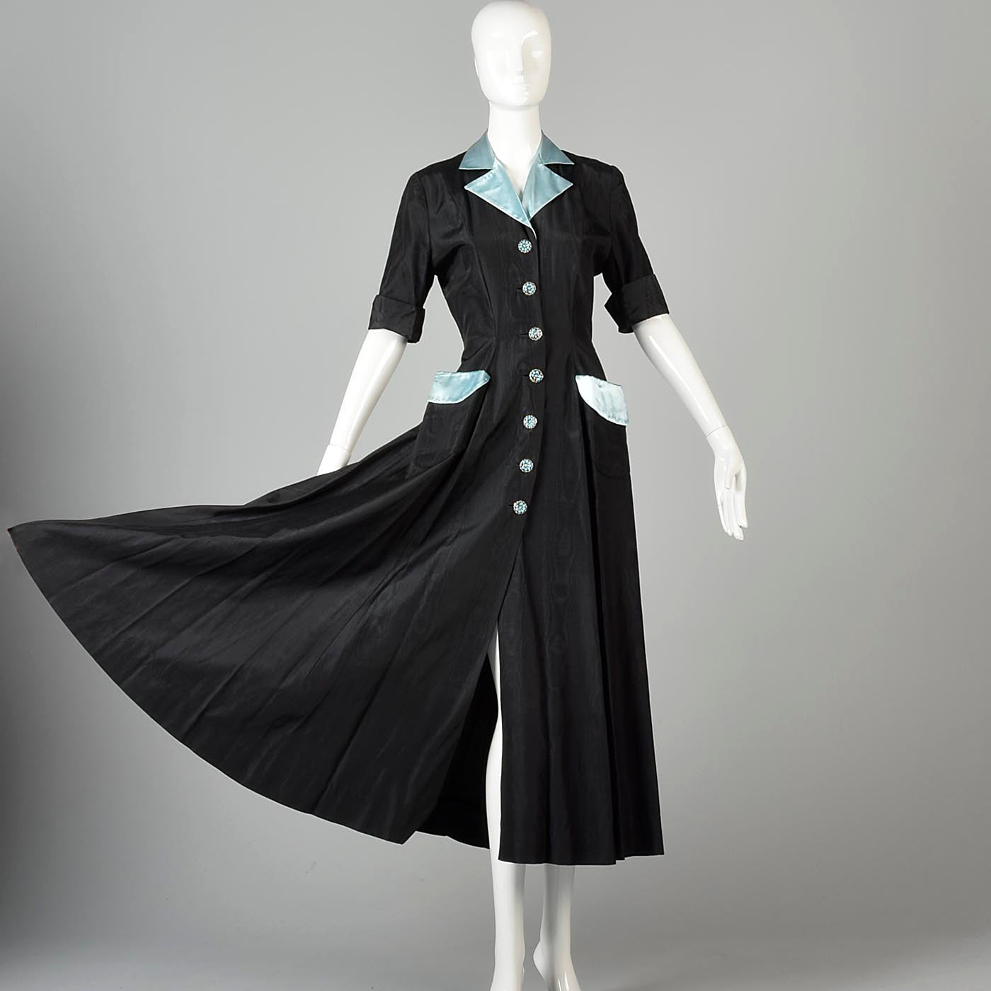 1950s Black Hostess Dress with Aqua Trim