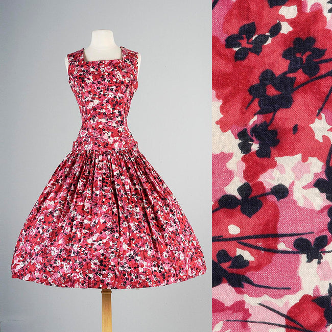 1950s Red and Pink Floral Dress with Dropped Waist