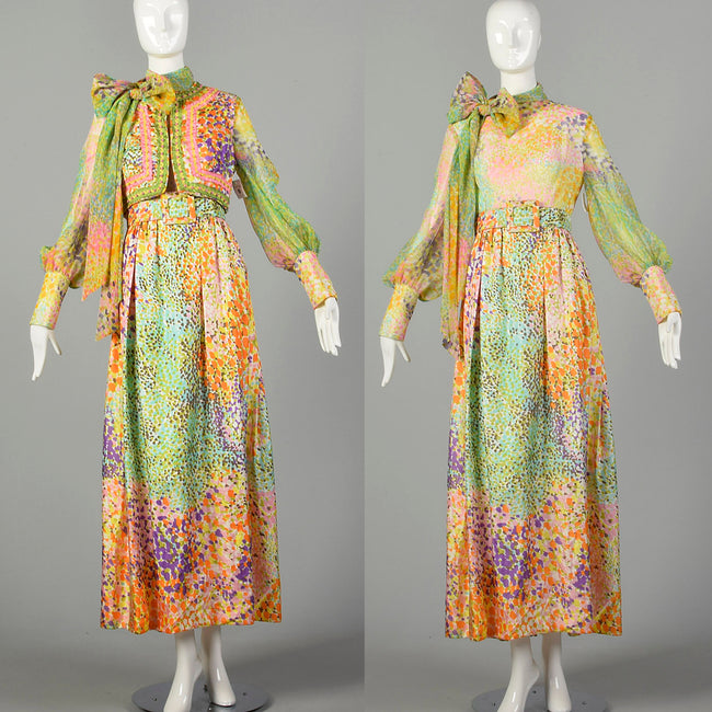 Medium 1970s Victor Costa Maxi Dress Set Abstract Boho Floral Print Long Sleeve Pussy Bow Embellished Bohemian Vest