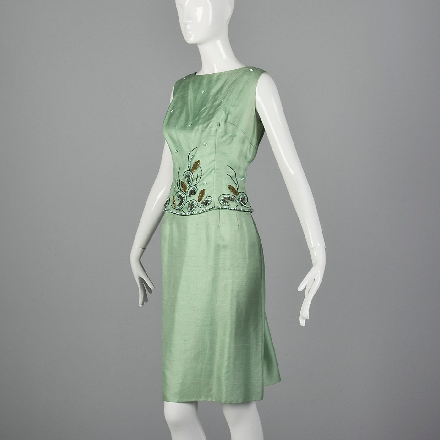 1960s Green Silk Dress with Faux Two-Piece Look