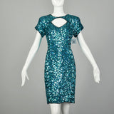 Small Sequin Cocktail Party Dress Teal Blue Short Sleeve Key Hole Bust