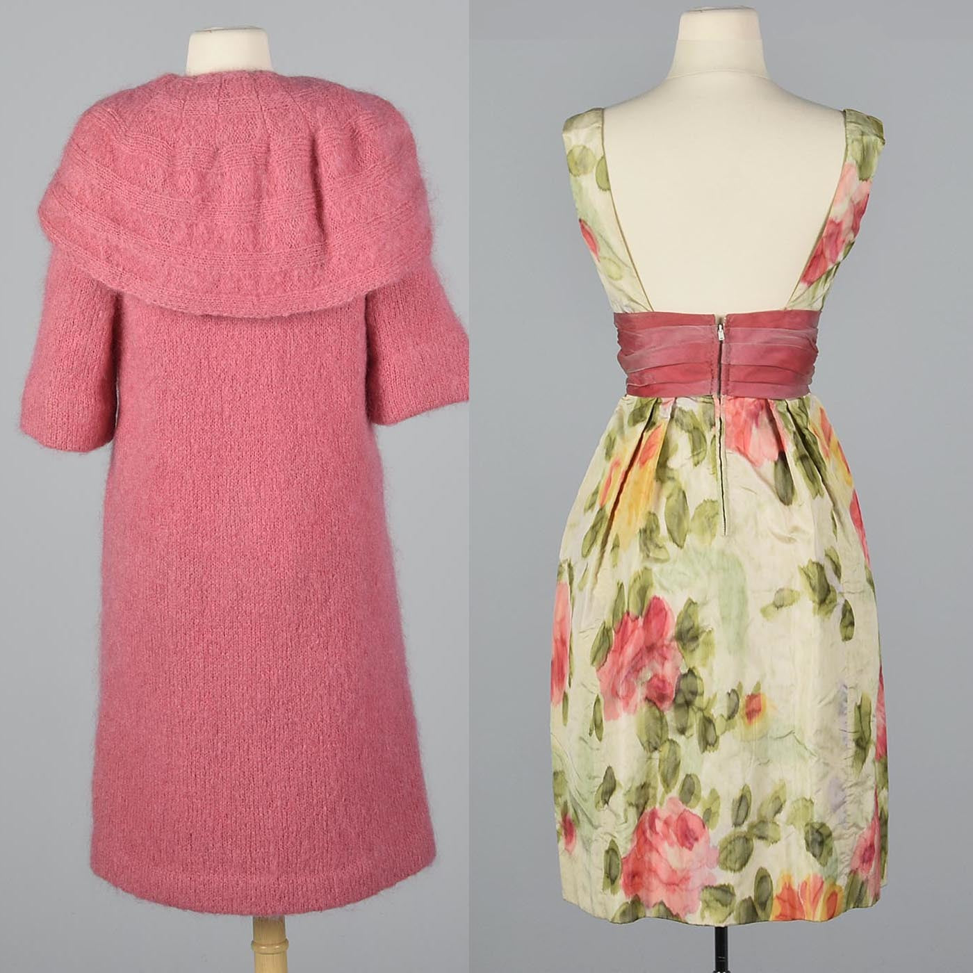 1950s Pink Mohair Coat and Floral 2 Piece Dress Set