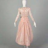 XS 1980s Victoria Royal Evening Gown Hi-Lo Skirt Beaded Pearl Bodice Pink Taffeta