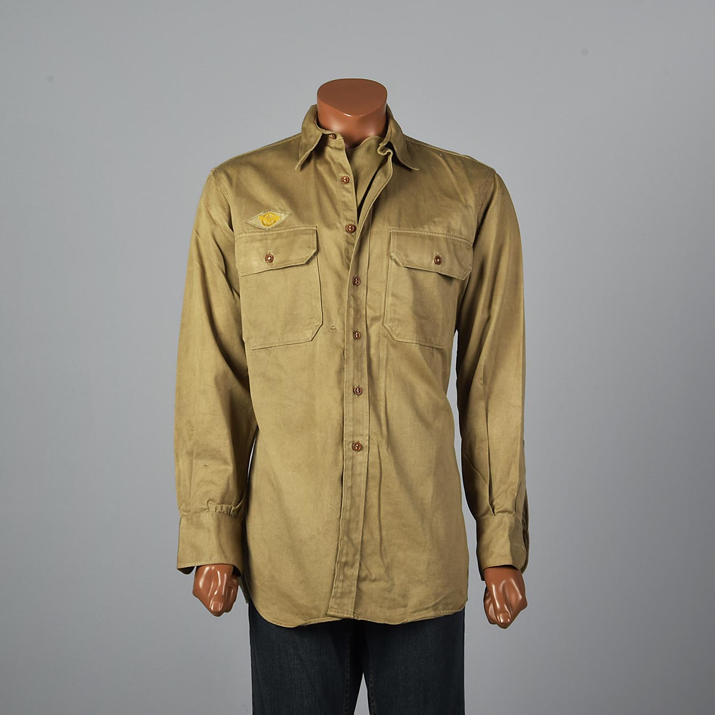 1940s WW2 Khaki Uniform Shirt with Honorable Discharge Patch