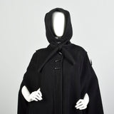 OSFM 1980s Heavy Hooded Wool Cape Black Winter Cloak Wool Hood Thick