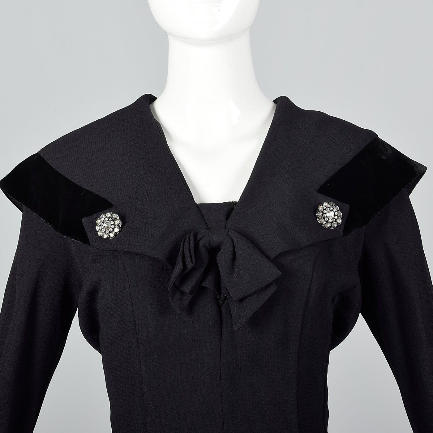 1950s Black Rayon Dress with Velvet Trim and Shawl Collar