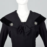 1950s Black Rayon Dress with Velvet Trim and Shawl Collar