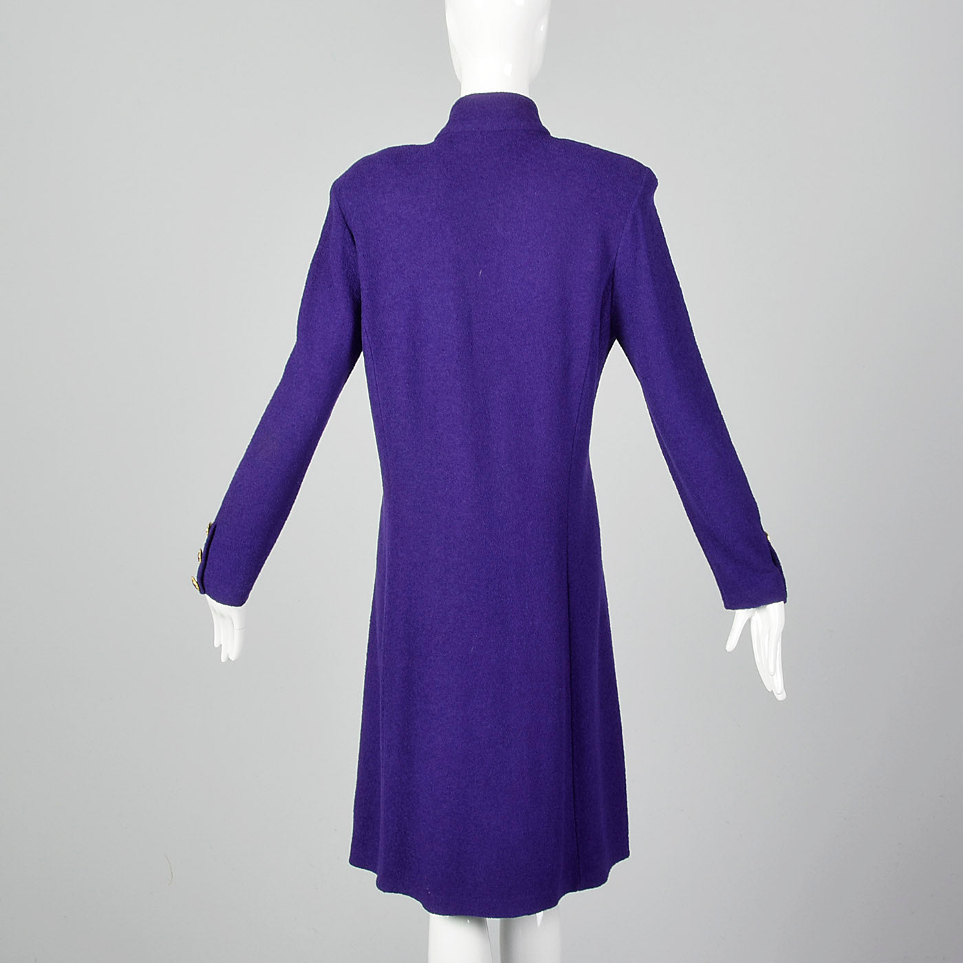 1980s St John Purple Knit Dress with Shoulder Pads and Gold Button Front