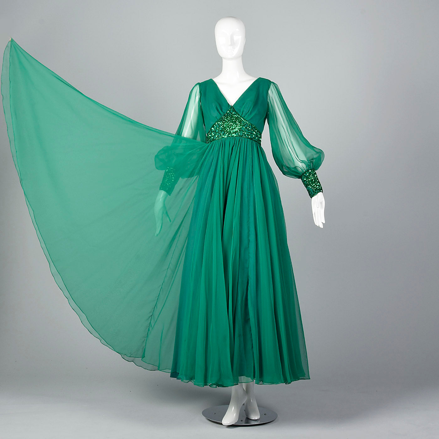 1970s Emerald Green Gown with Bishop Sleeves