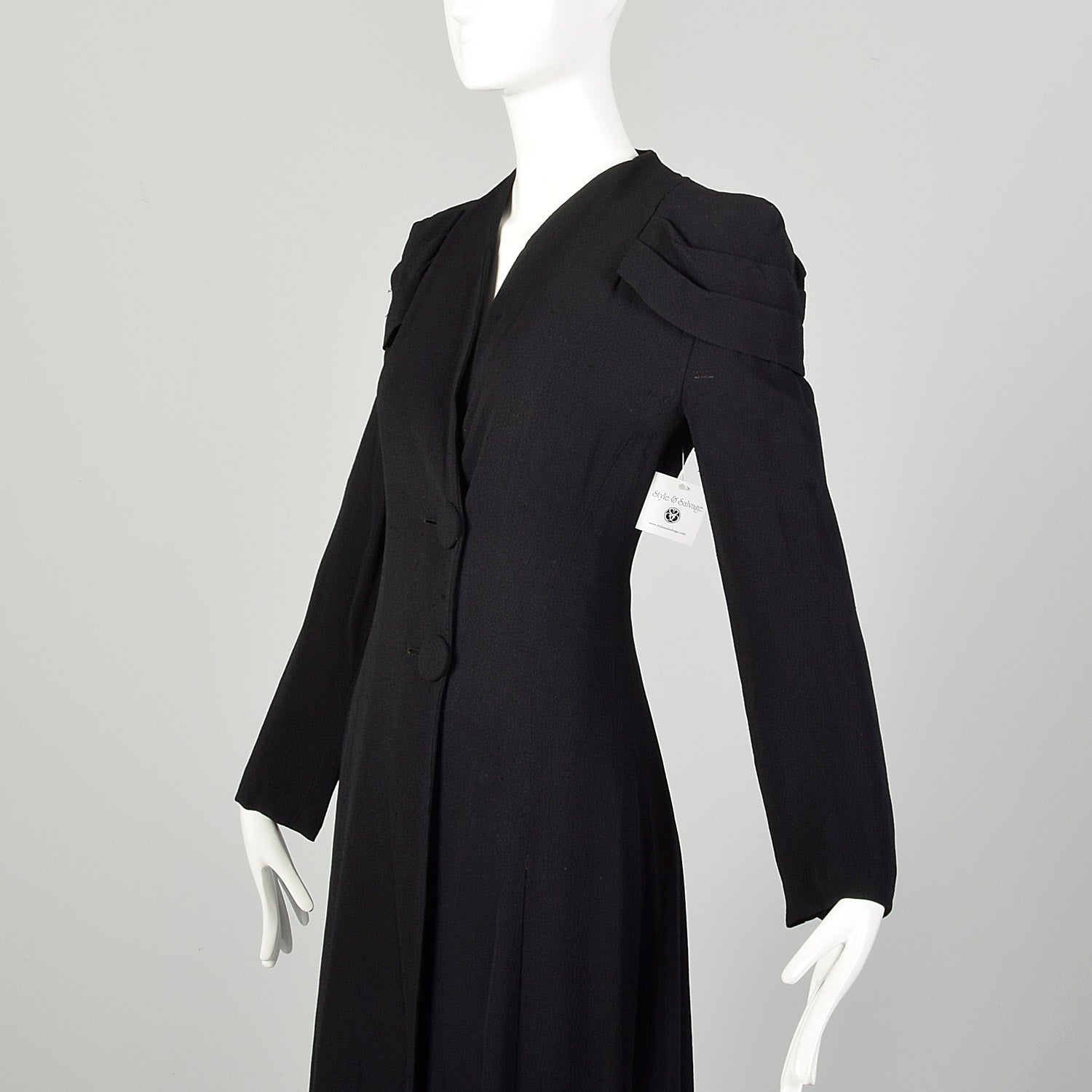 XS 1930s Coat Black Rayon Crepe Long Sleeve Art Deco Pleated Epaulettes