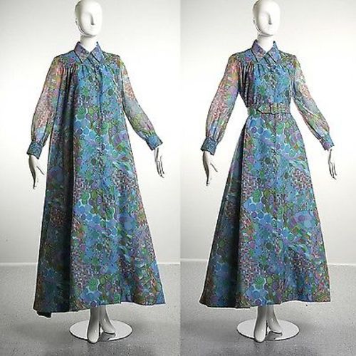 1960  Long Sleeve Maxi Tent Dress Trapeze Geometric Psychedelic Blue Belted