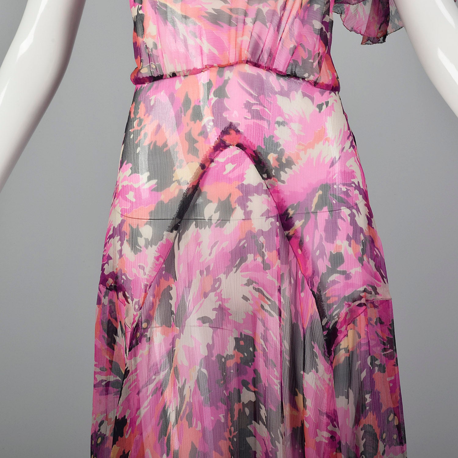 1930s Pink Silk Dress with Flutter Sleeves