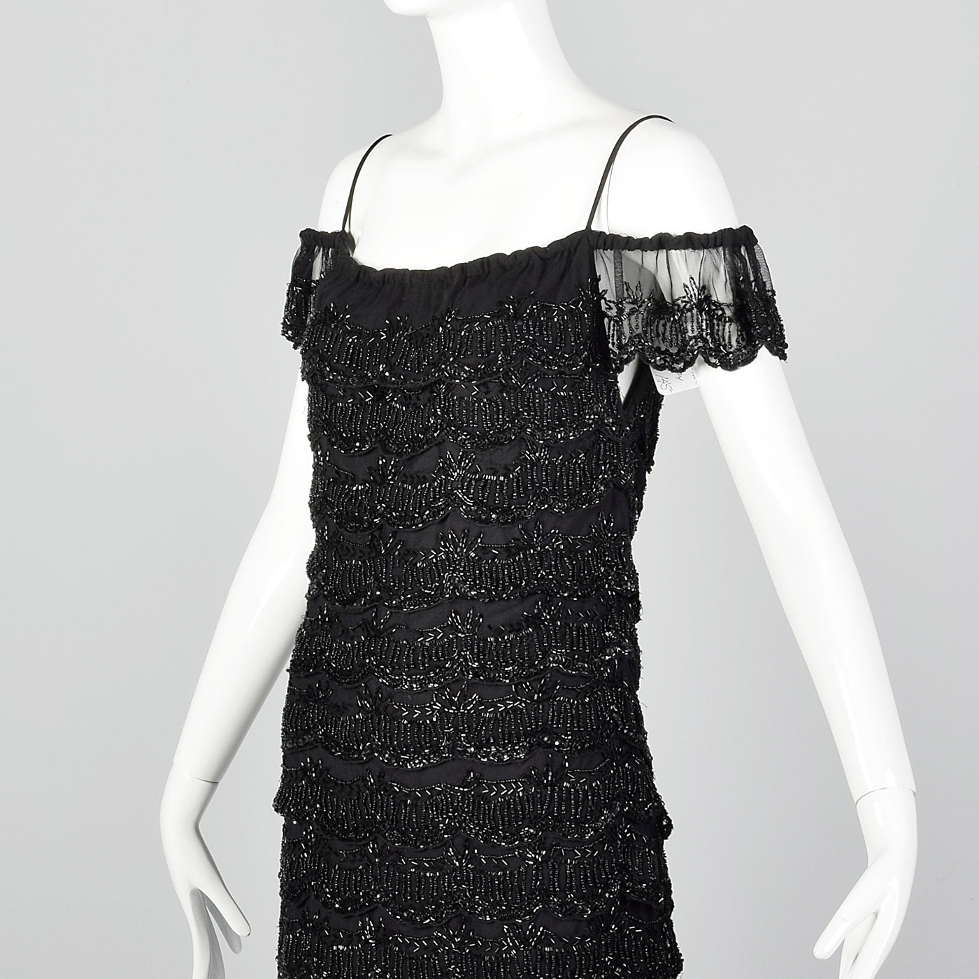 1990s Off Shoulder Beaded Dress with Layered Ruffles