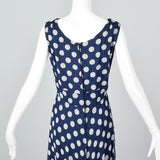 1970s Navy Dress with White Polka Dots