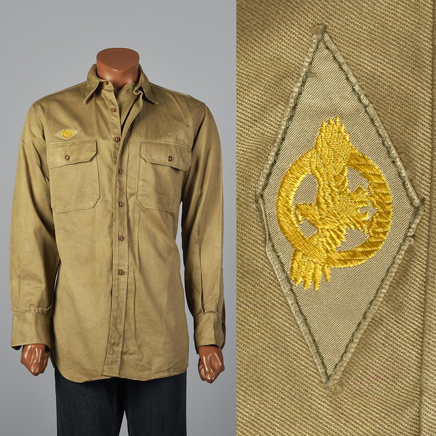 1940s WW2 Khaki Uniform Shirt with Honorable Discharge Patch