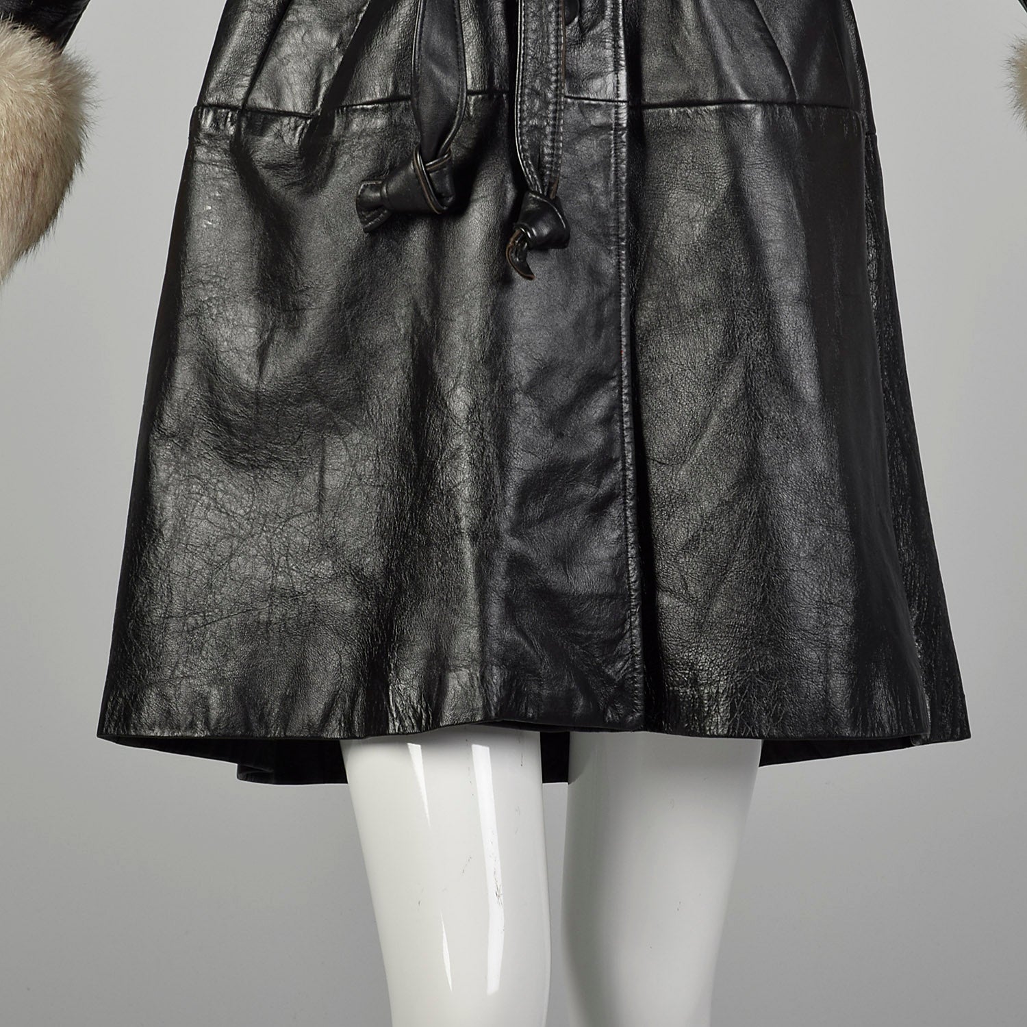 Medium 1960s Black Leather Coat with Fox Fur Trim