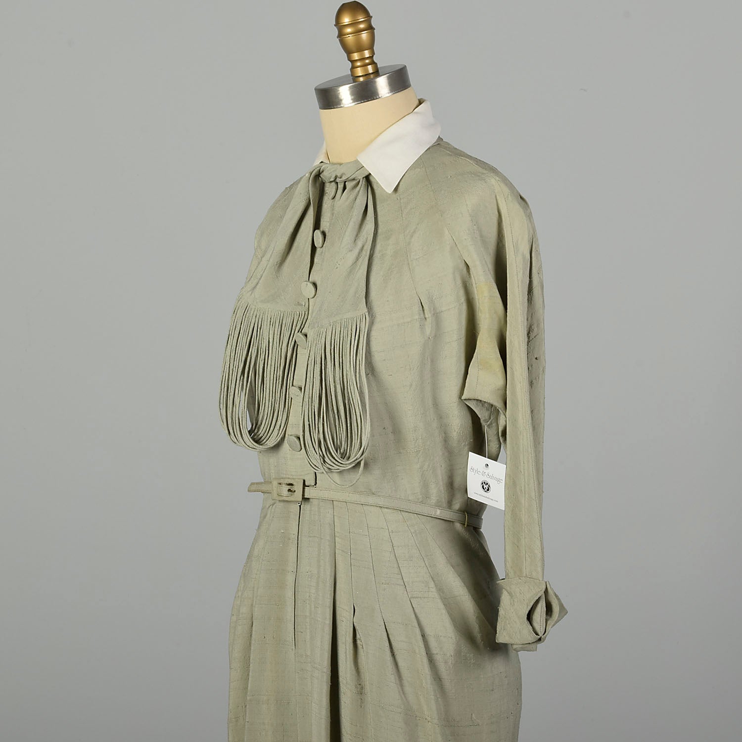 Medium 1950s Dress Designer Sage Green Lightweight Silk Long Sleeve