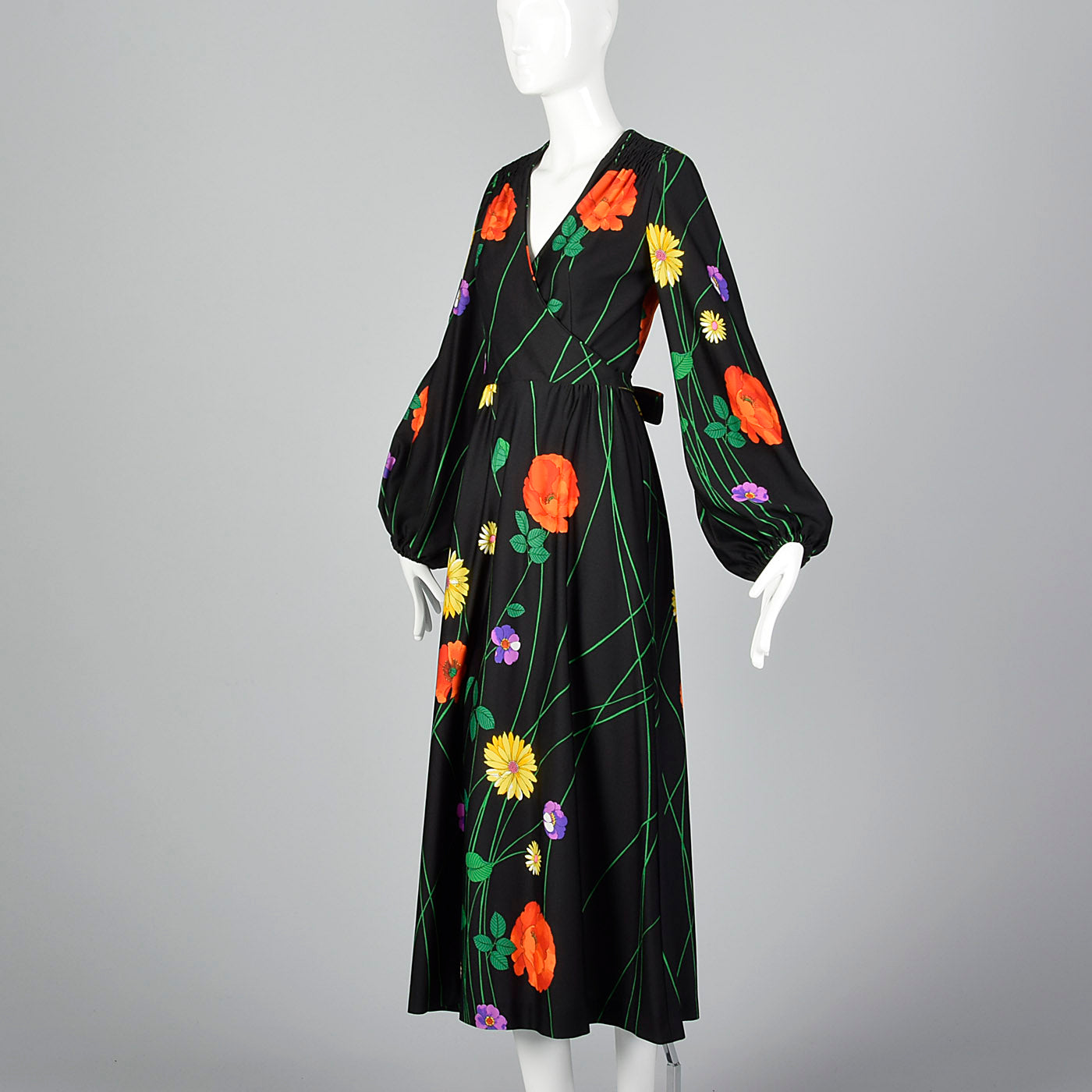 1970s Black Floral Midi Dress with Bishop Sleeves