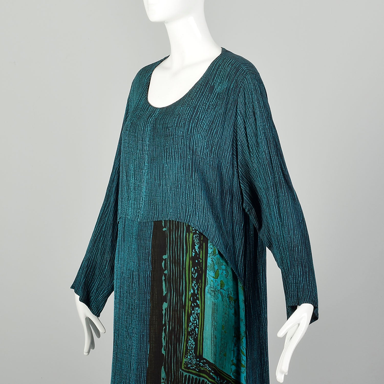1990s XL-XXL Bohemian Print Dress Layered Maxi Teal Turquoise Gauze